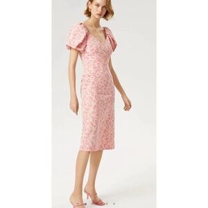 Exquise Pink Foral Puff Shoulder Midi Dress